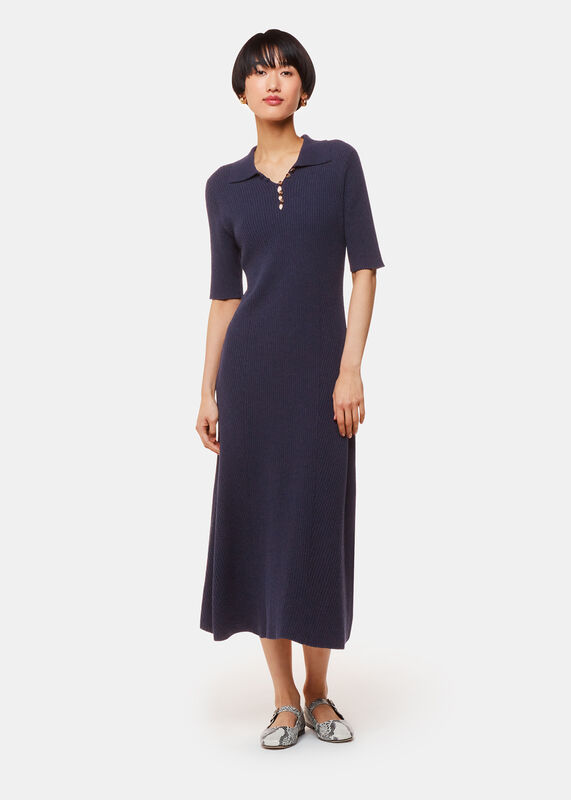 Navy Knitted Ribbed Midi Sweater Dress