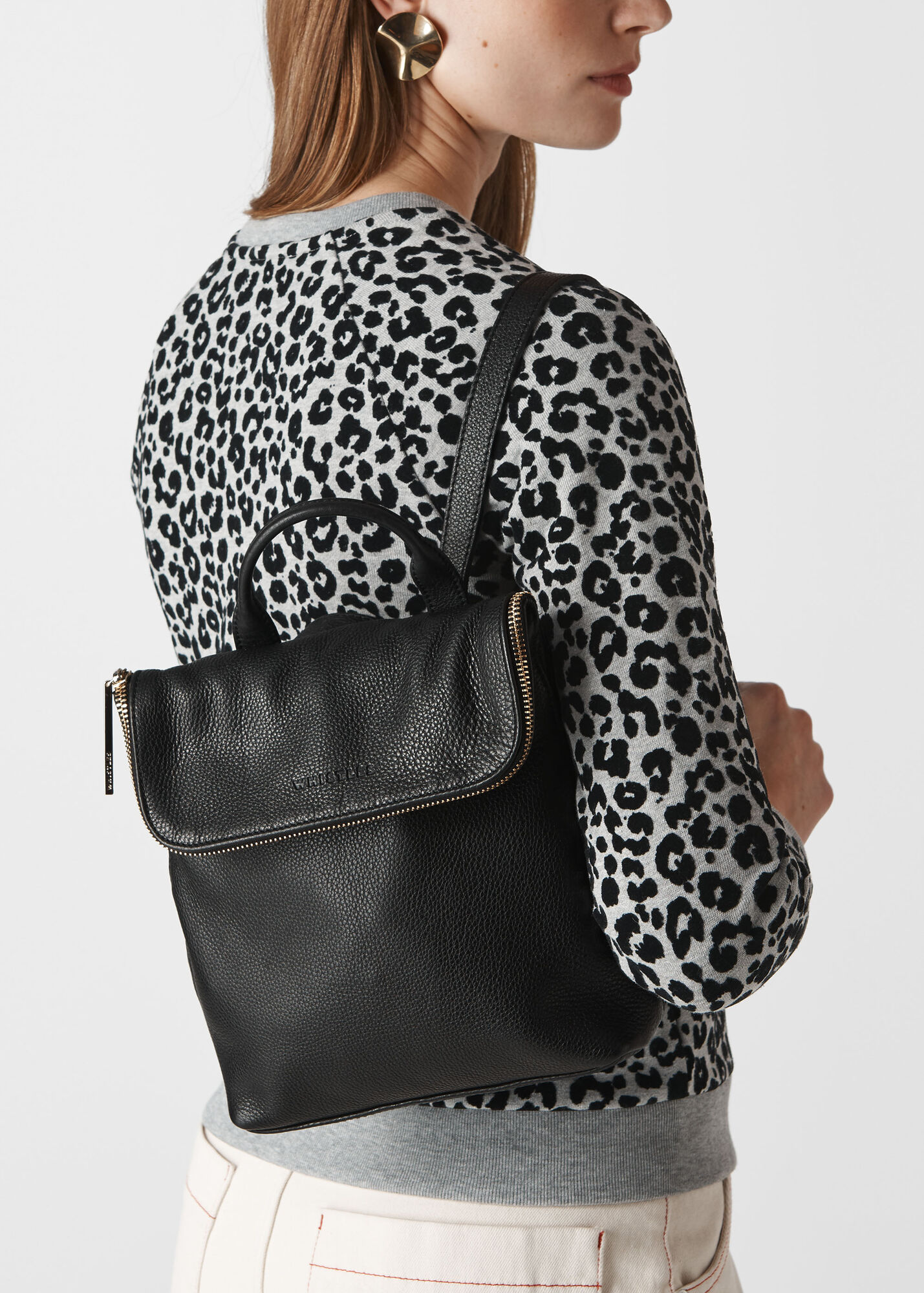 Mini Black Leather Backpack With Fold Over Zip Whistles