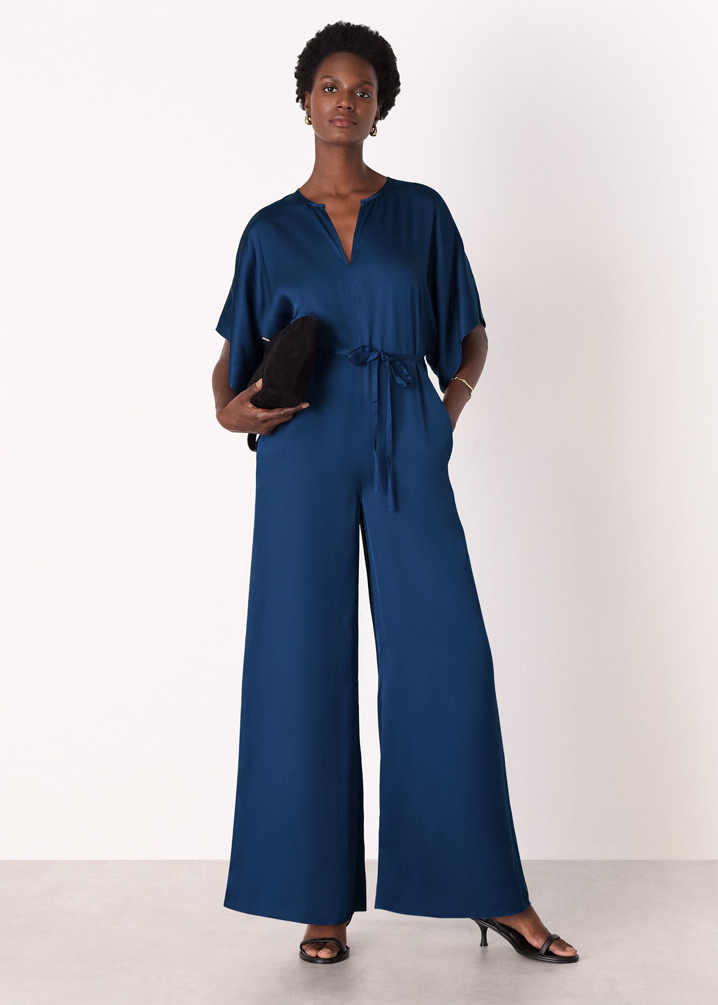 美品roughlow satin wide salopette navy Navy Satin Short Sleeve Jumpsuit | WHISTLES | Whistles US |