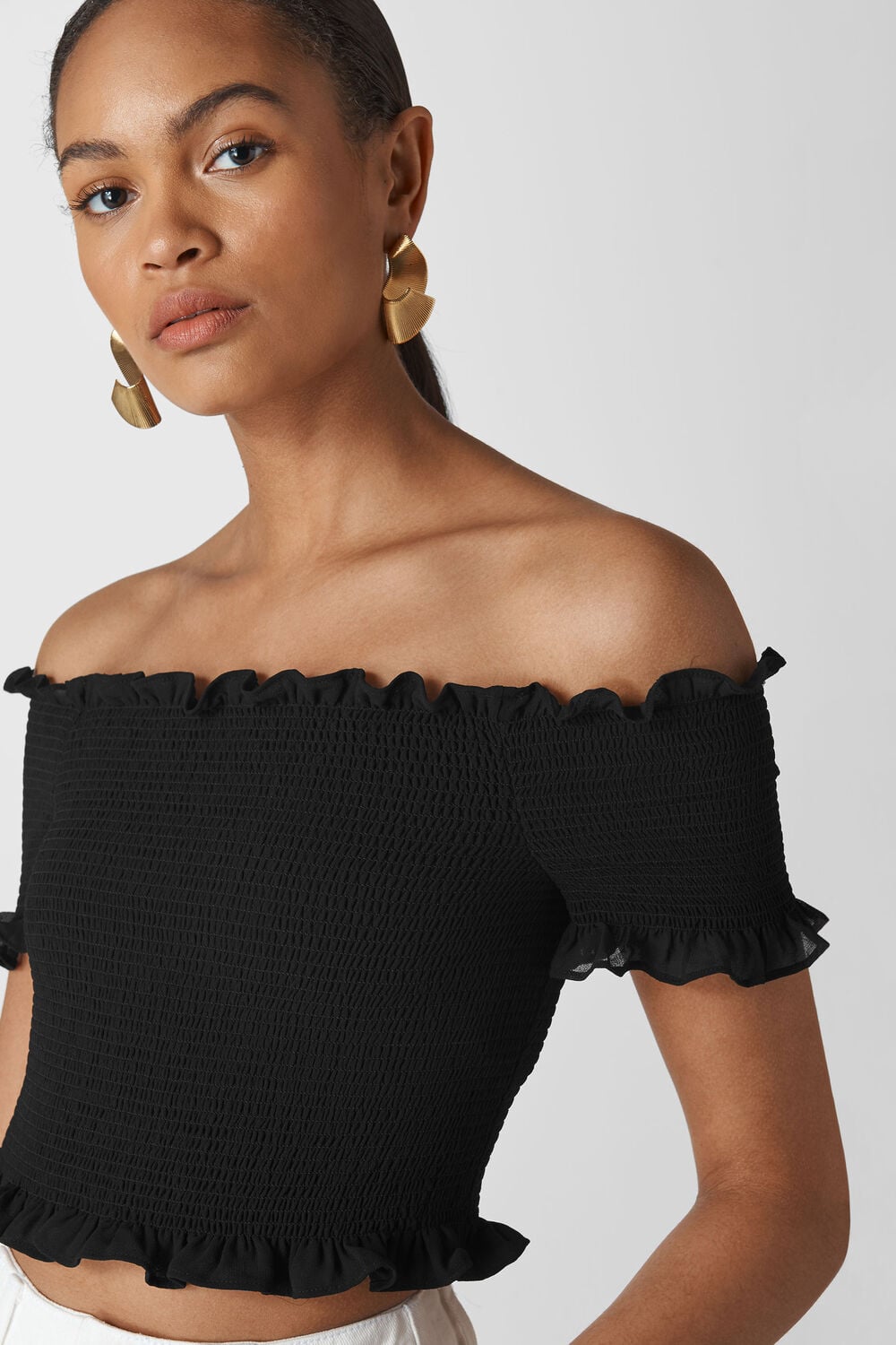 Smocked Bardot Top Black