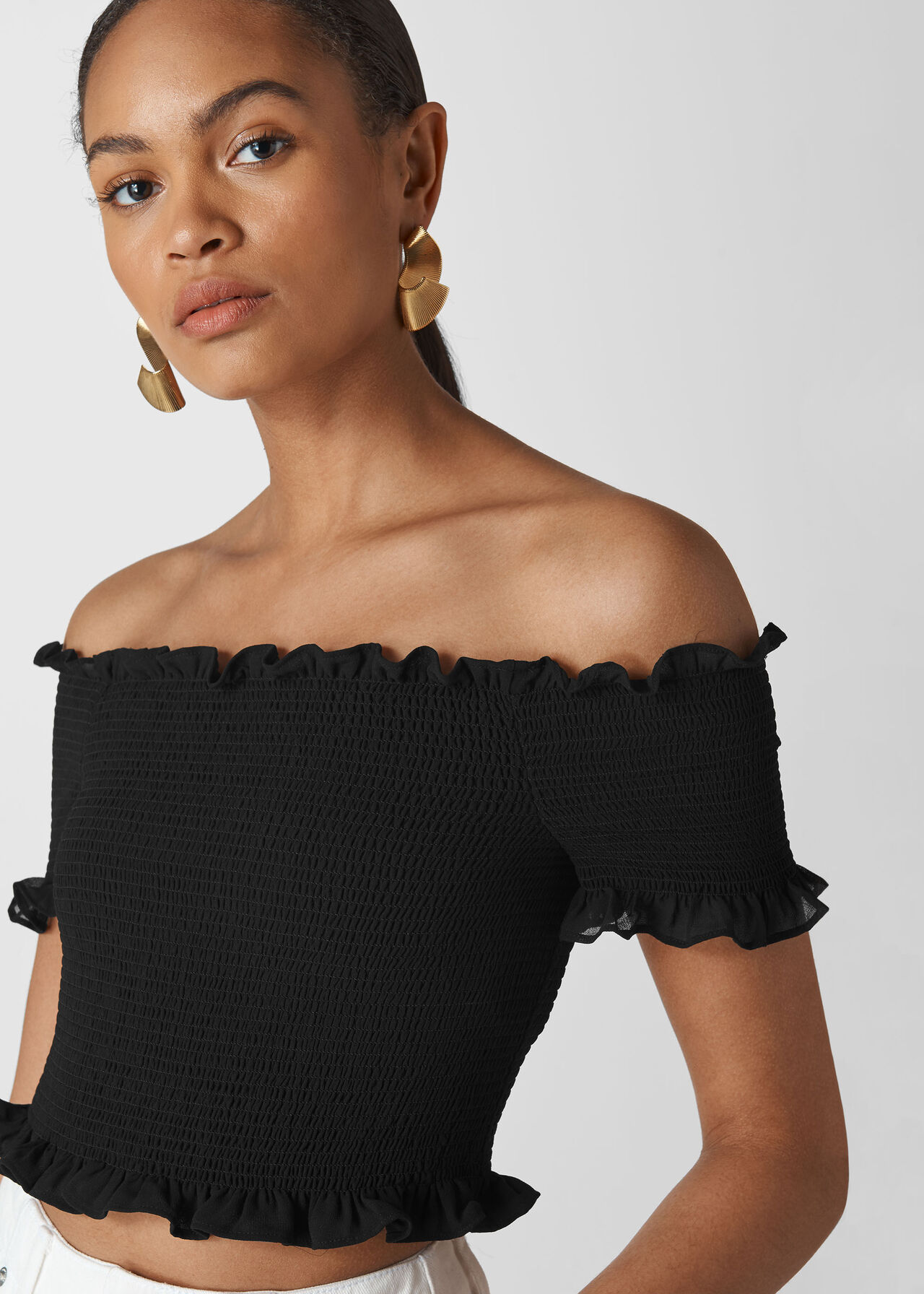 Smocked Bardot Top Black