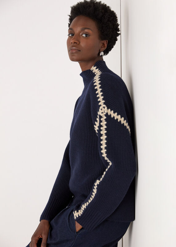 Navy Blanket Stitch Wool Mix Knit