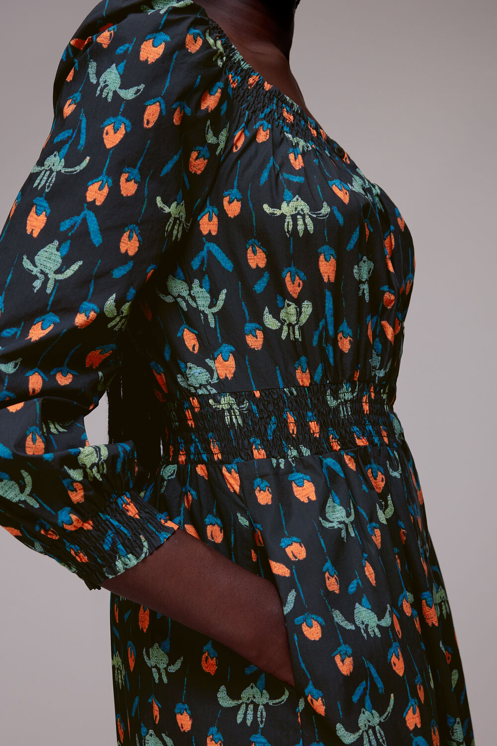 Black Tulips Print Poplin Midi Dress