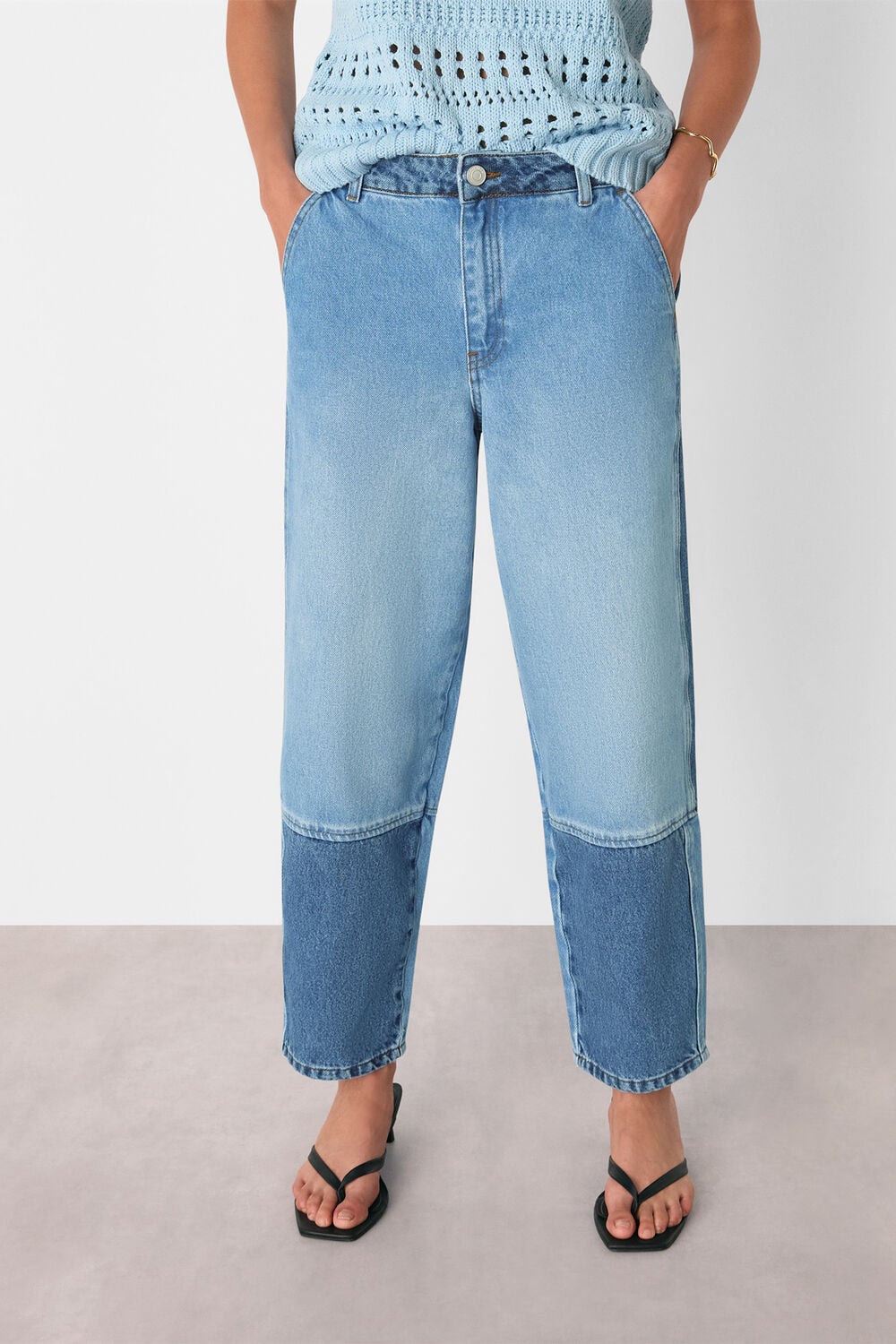 Denim Patchwork Barrel Leg Jean