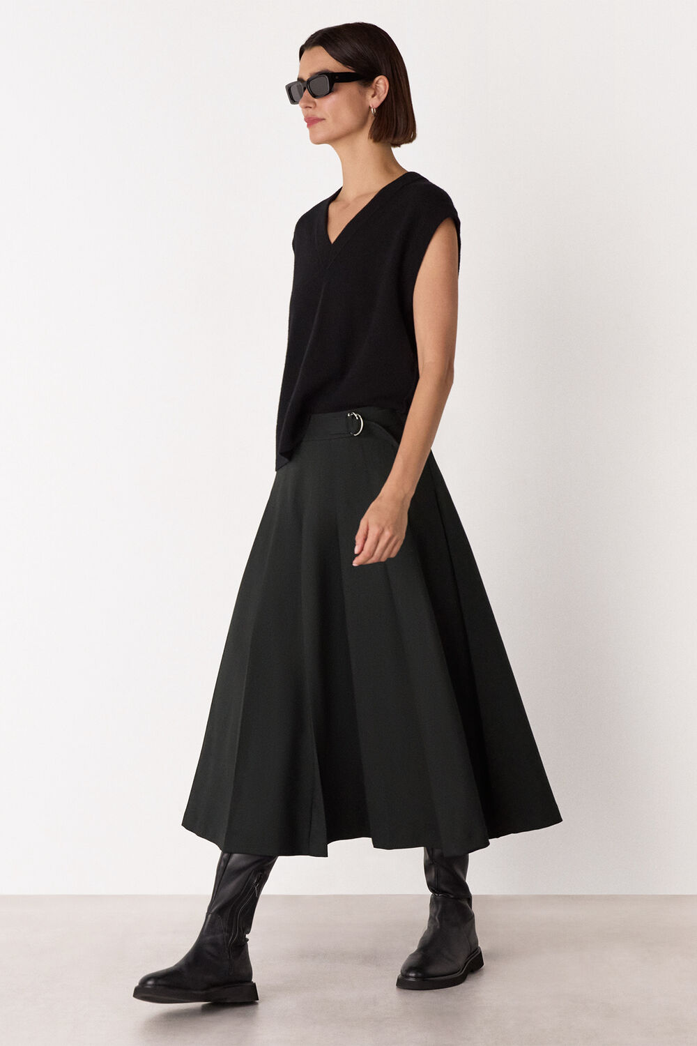 Black Wool Blend Pleated Kilt Skirt