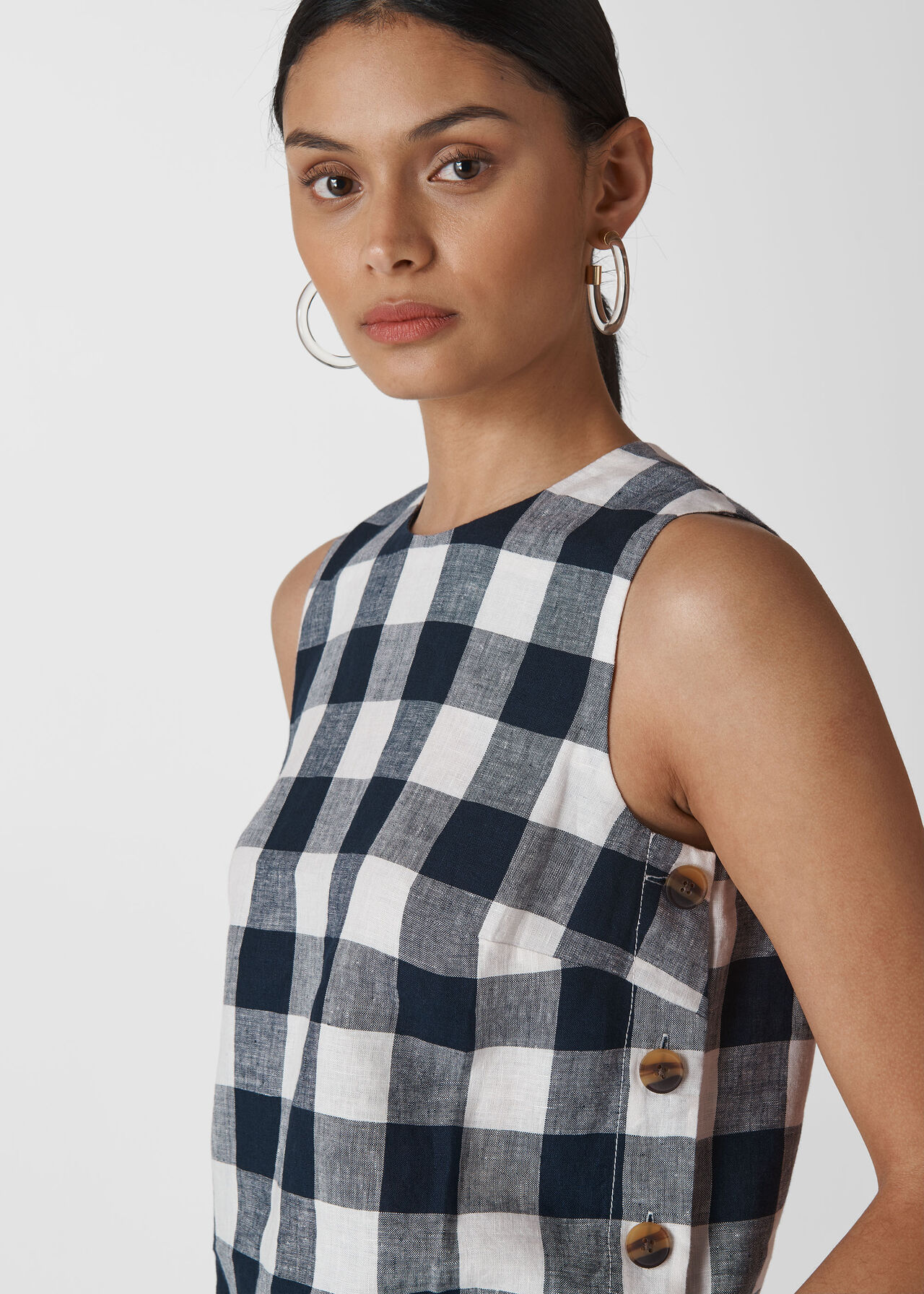 Gingham Linen Shell Top Navy/Multi