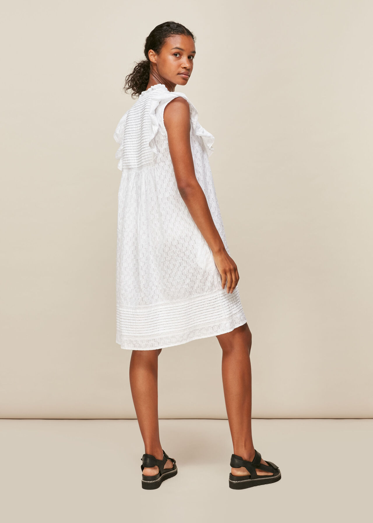 Pintuck Frill Cotton Dress