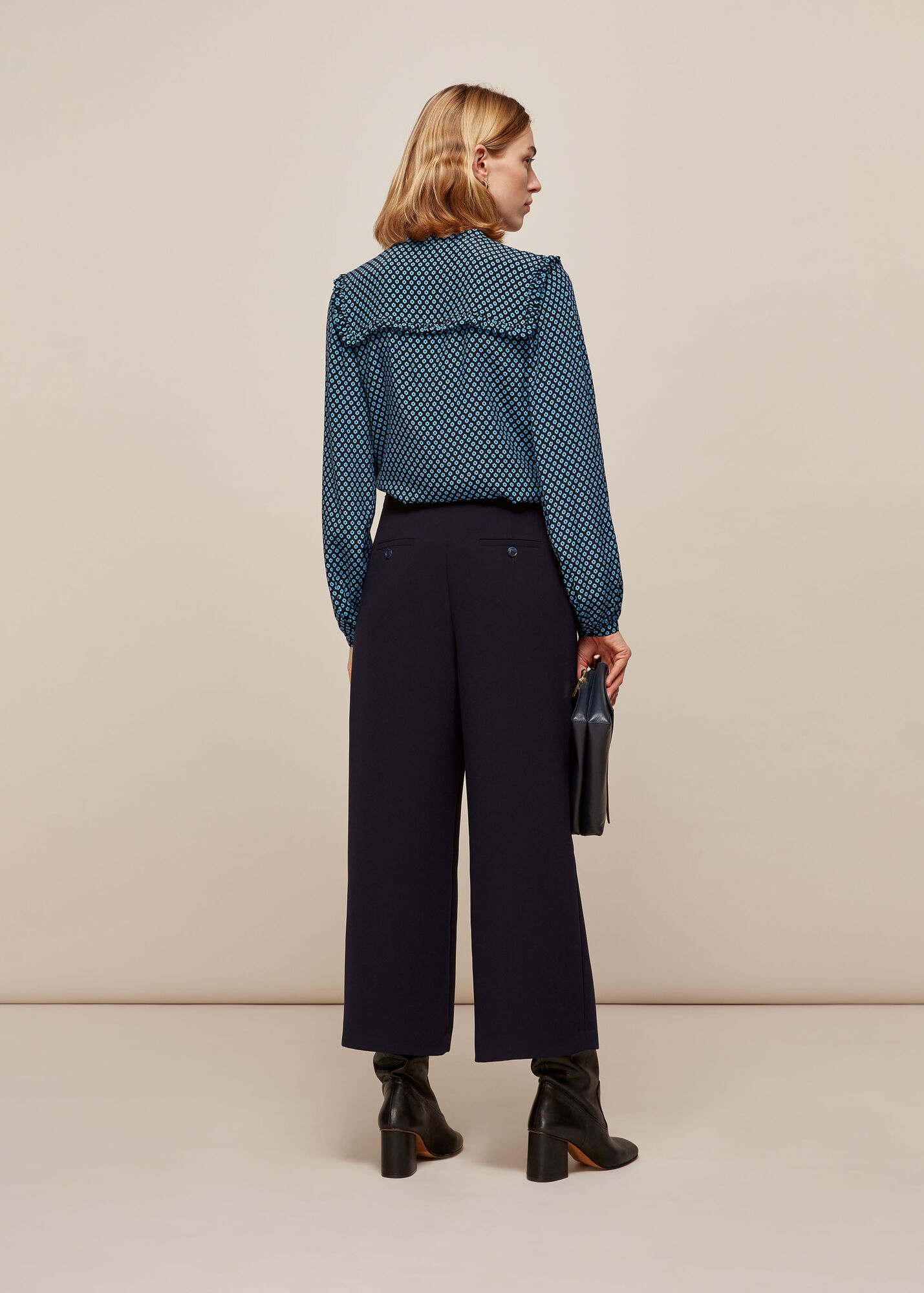 Wrap Frill Blouse Blue Patterned