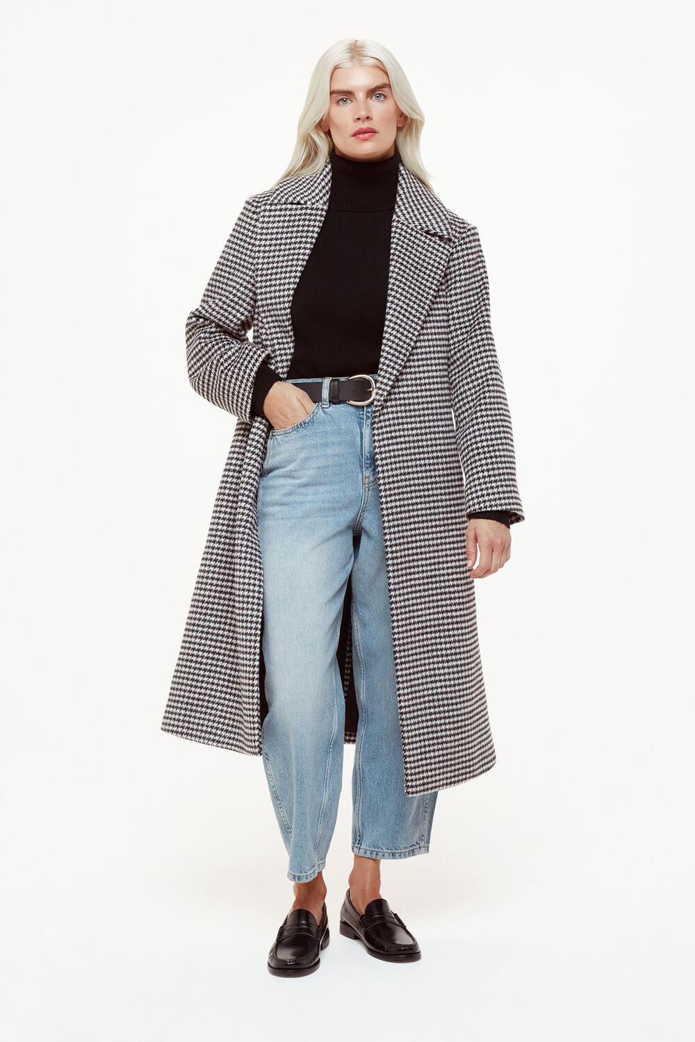 Black Petite Celia Houndstooth Wrap Coat