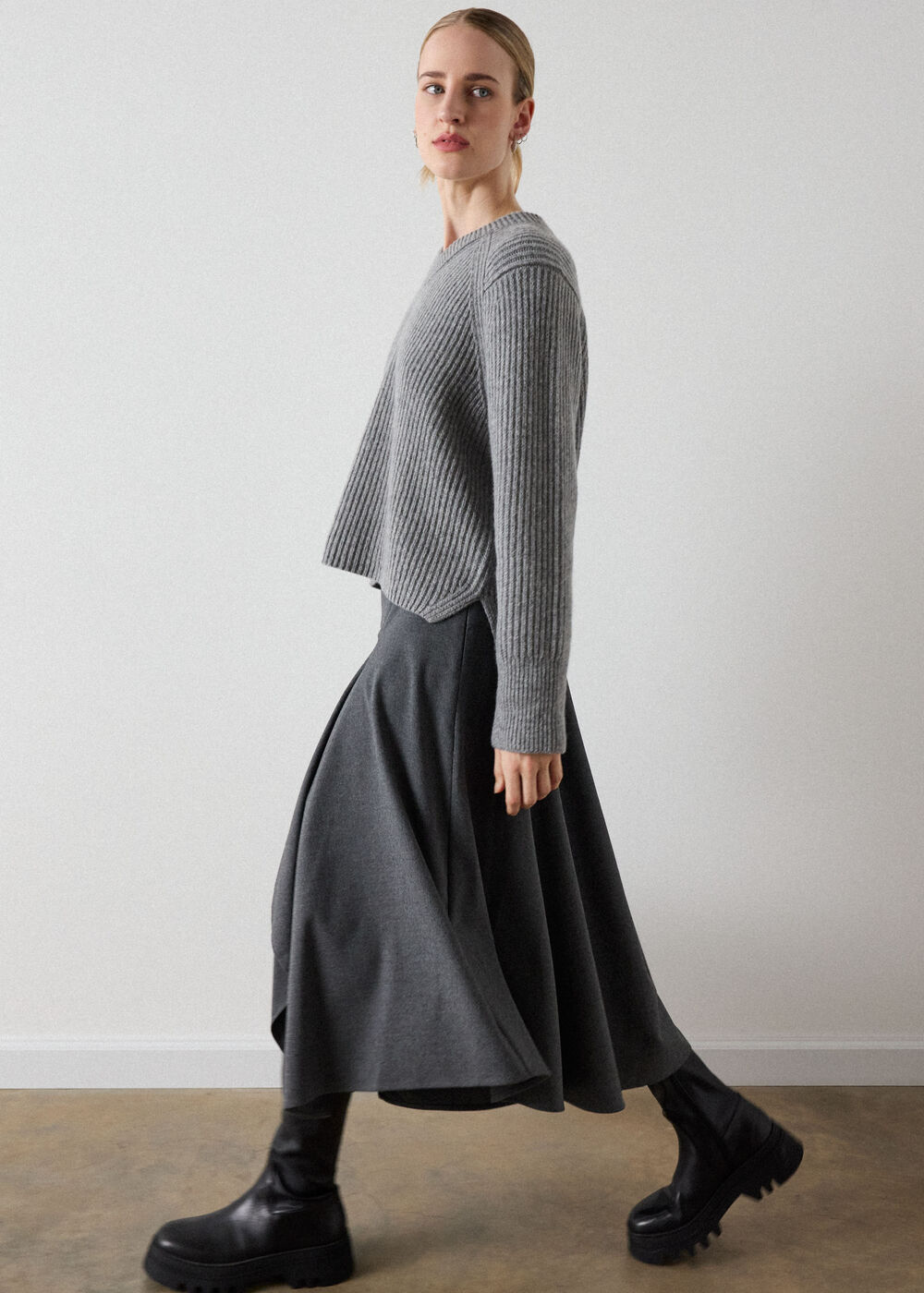 Grey Draped Asymmetric Midi Skirt