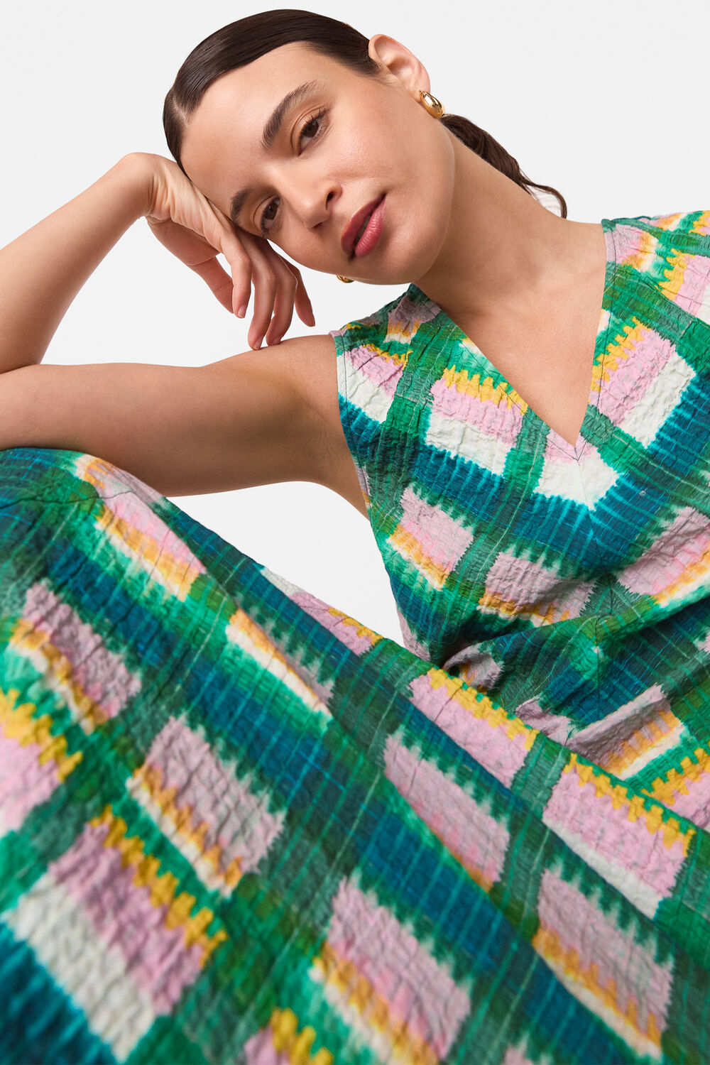 Green Sleeveless Checked Dress