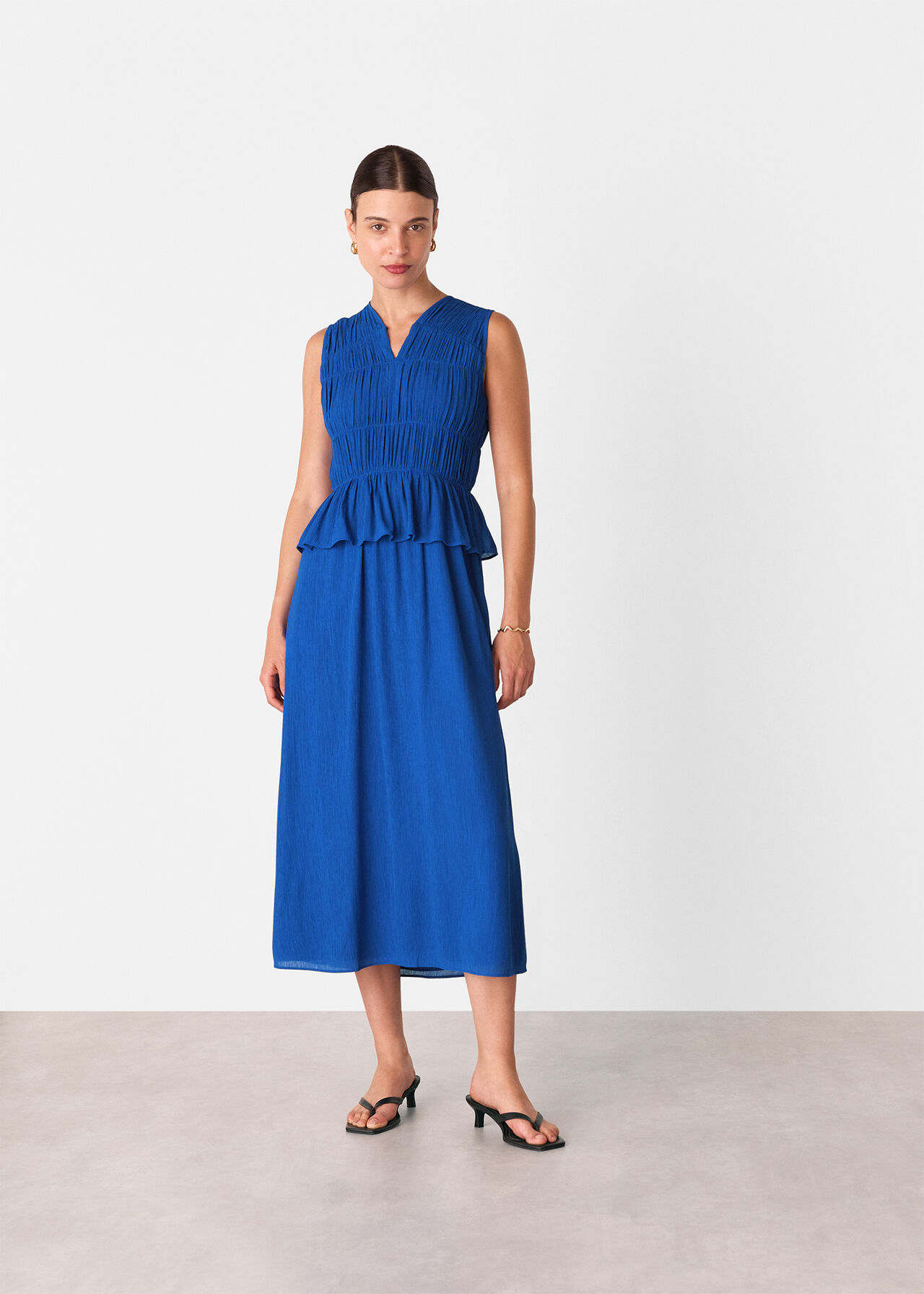 Shirred V Neck Midi Dress