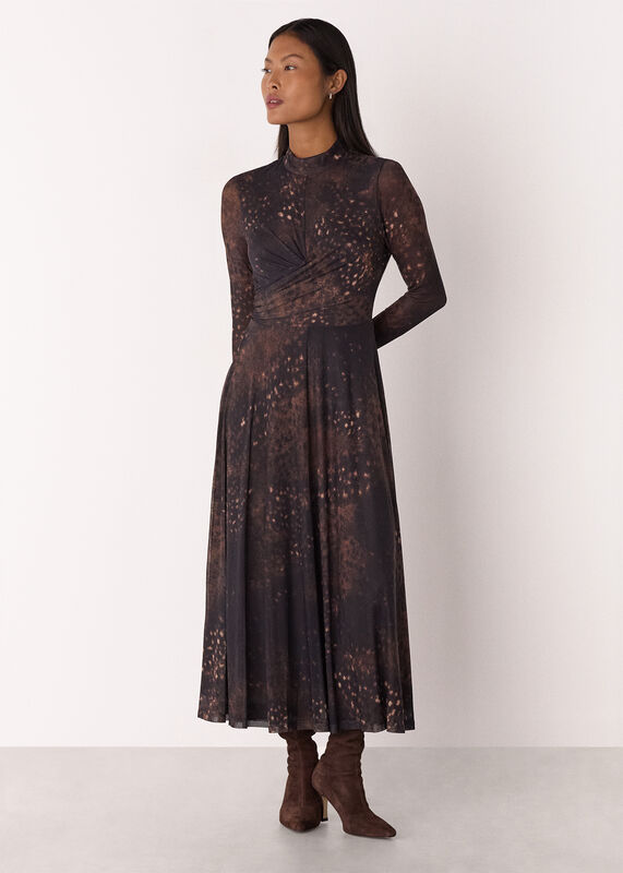 Brown Petite Spotted Animal Mesh Dress