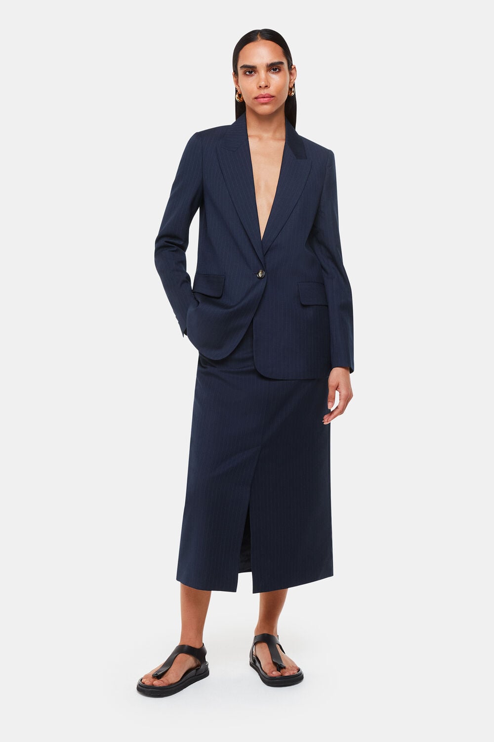 Navy Pinstripe Tailored Midi Skirt