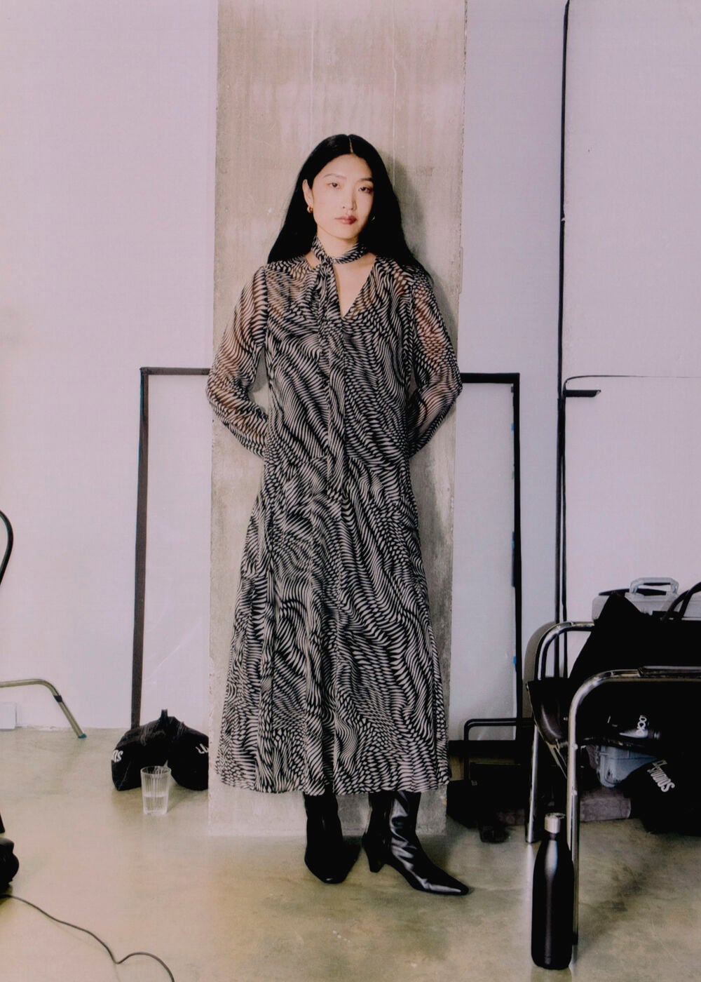 Black Geo V Neck Scarf Midi Dress