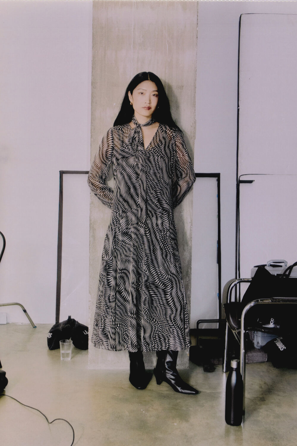 Black Geo V Neck Scarf Midi Dress