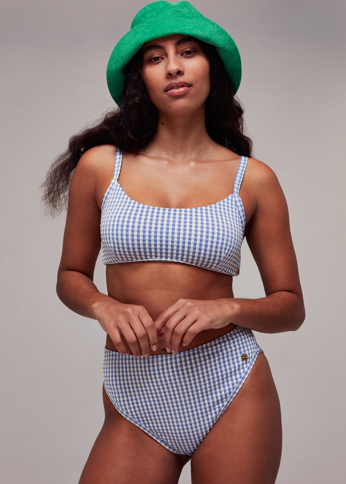 Blue Multi Gingham Texture Bikini Bottom WHISTLES Whistles UK