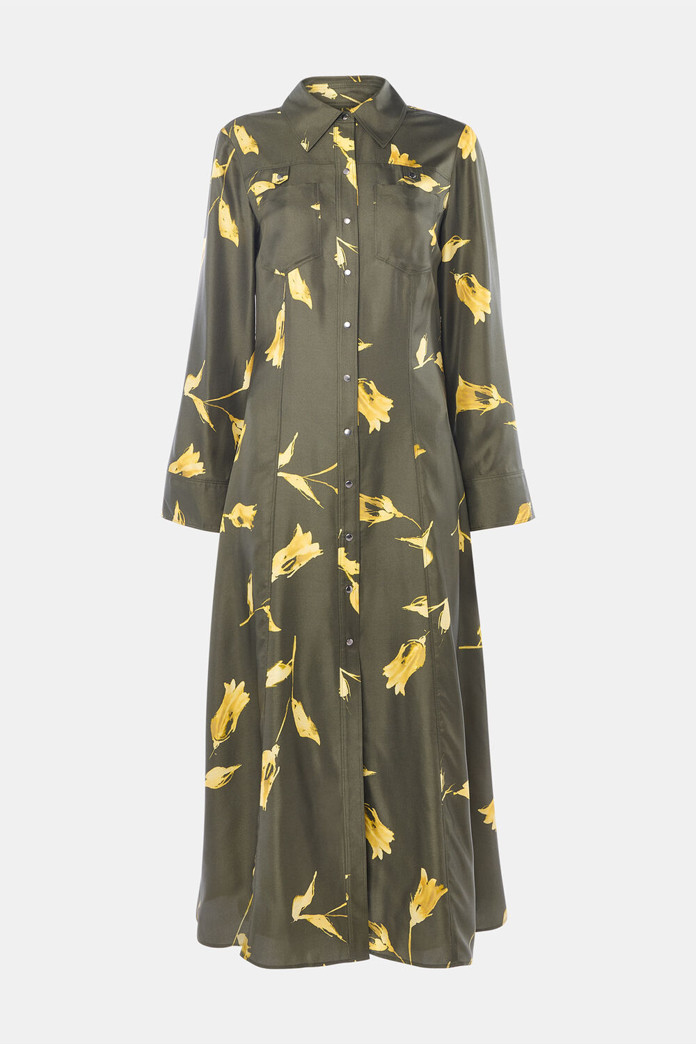 Green Floral Silk Shirt Midi Dress