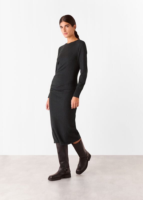 Dark Grey Gathered Side Midi Sweater Dress