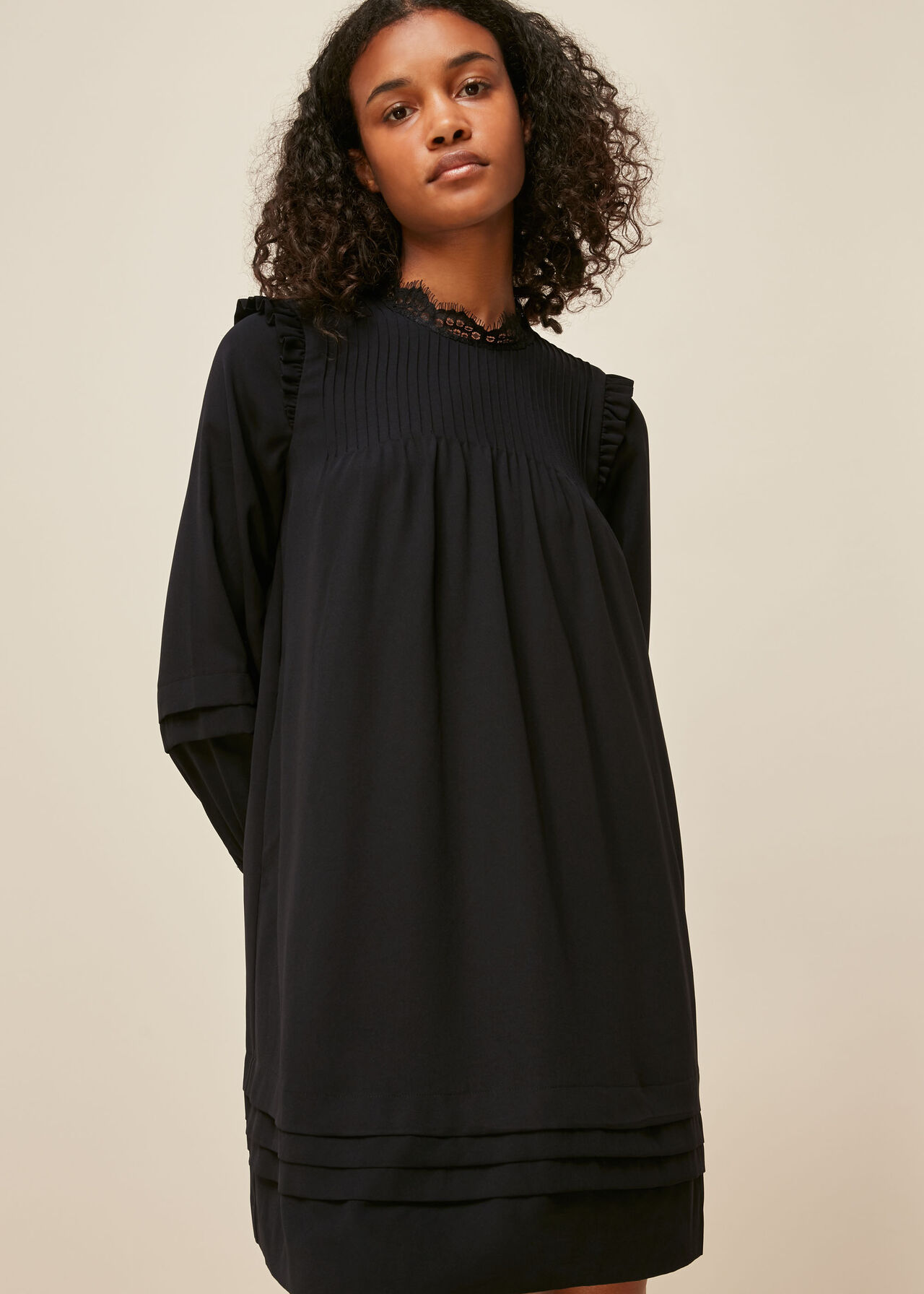 Black Lace Trim Pintuck Dress | WHISTLES | Whistles UK