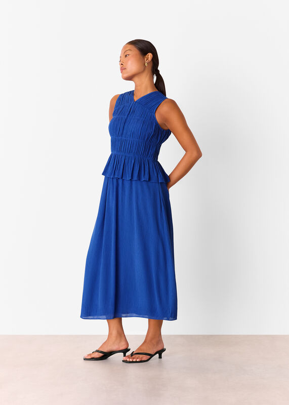 Cobalt Blue Petite Shirred V Neck Midi Dress