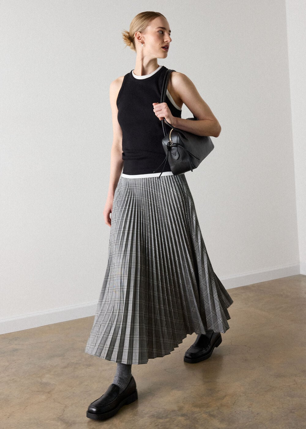 Grey Petite Check Pleated Midi Skirt