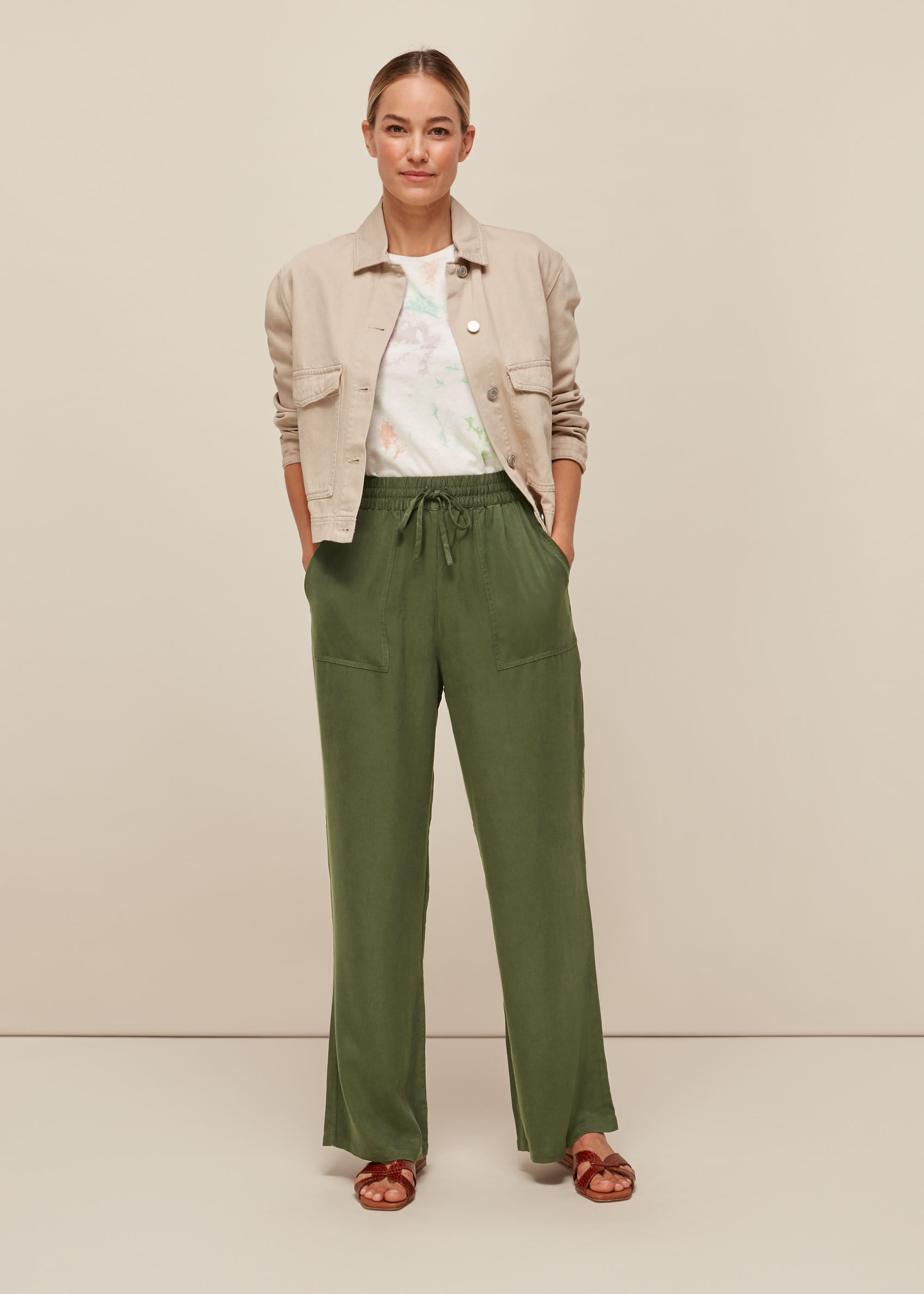 Khaki Washed Full Length Trousers WHISTLES