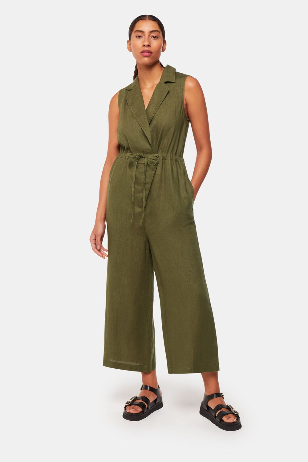 Khaki Bella Linen Wrap Jumpsuit