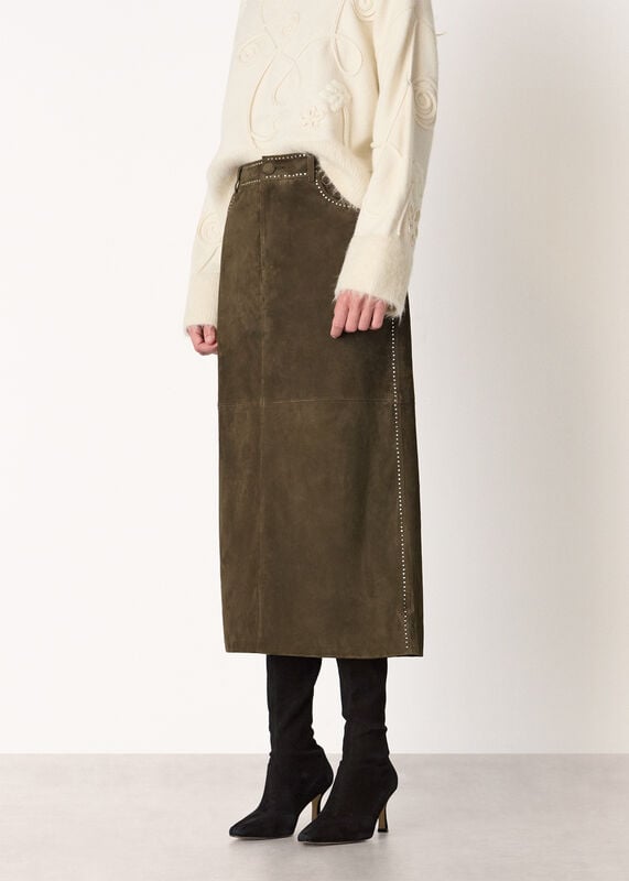Olive Suede Studded Column Skirt