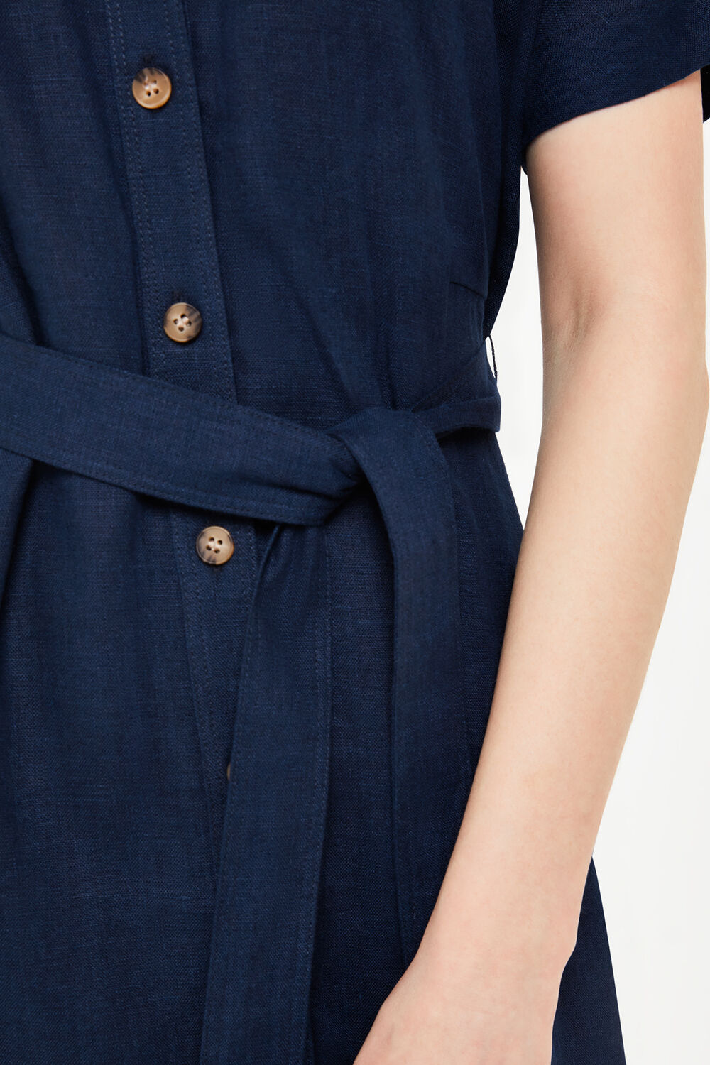 Navy Linen Belted Midi Dress