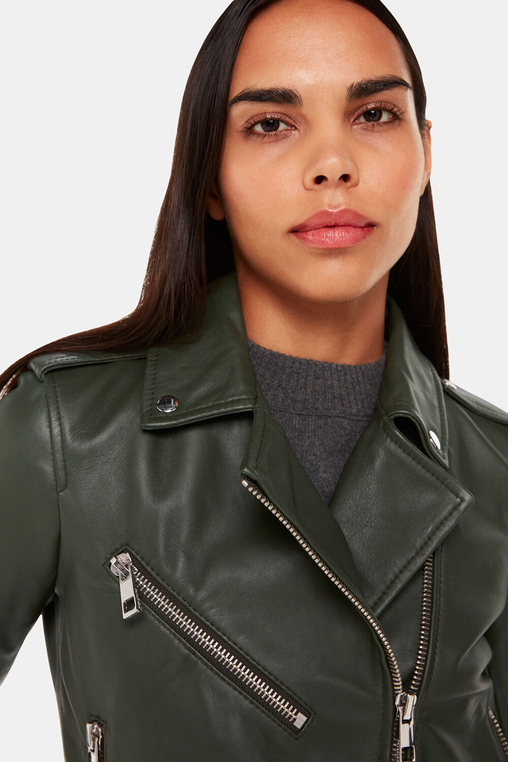 Dark Green Agnes Pocket Leather Jacket