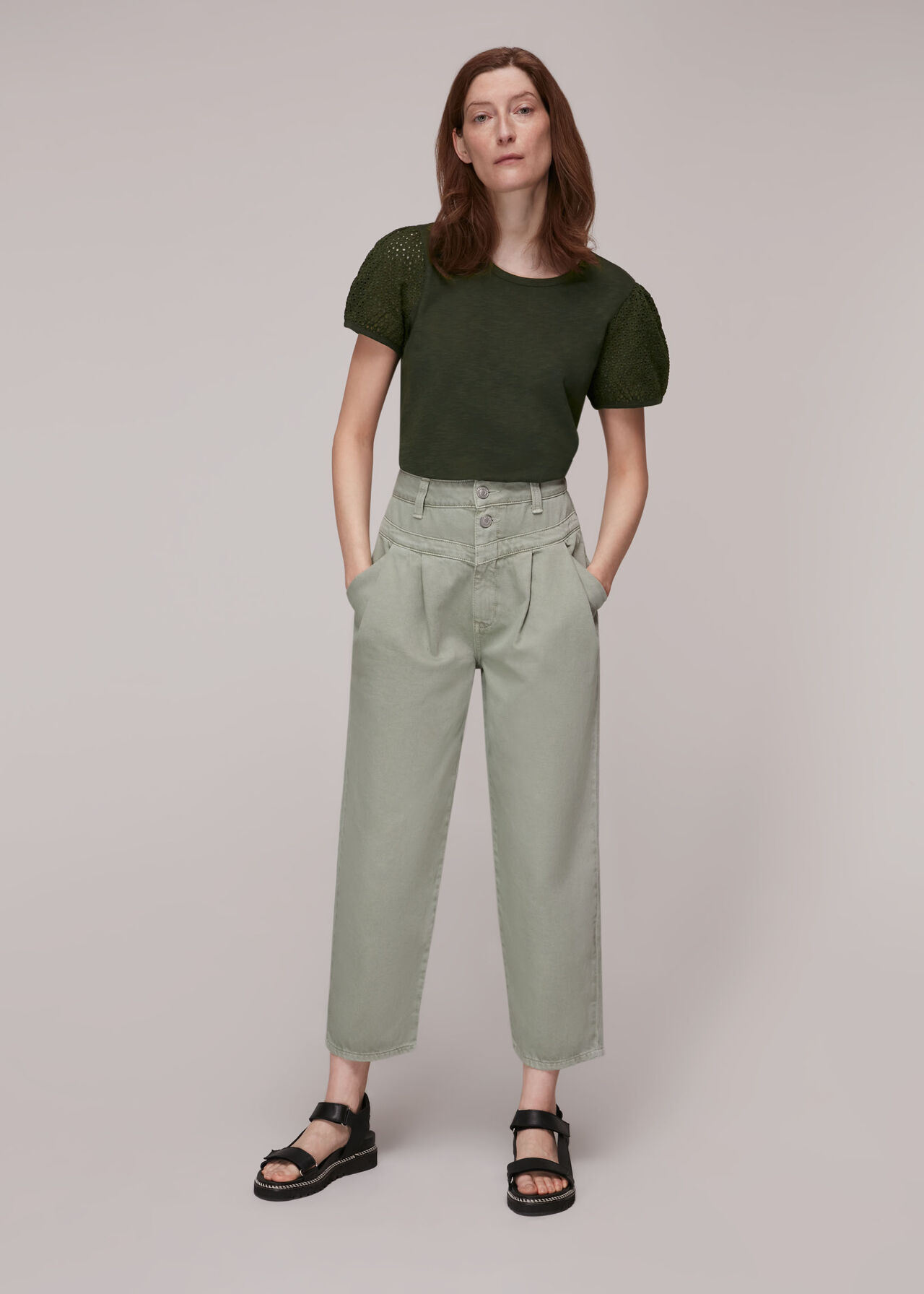 Khaki Broderie Puff Sleeve T-Shirt | WHISTLES