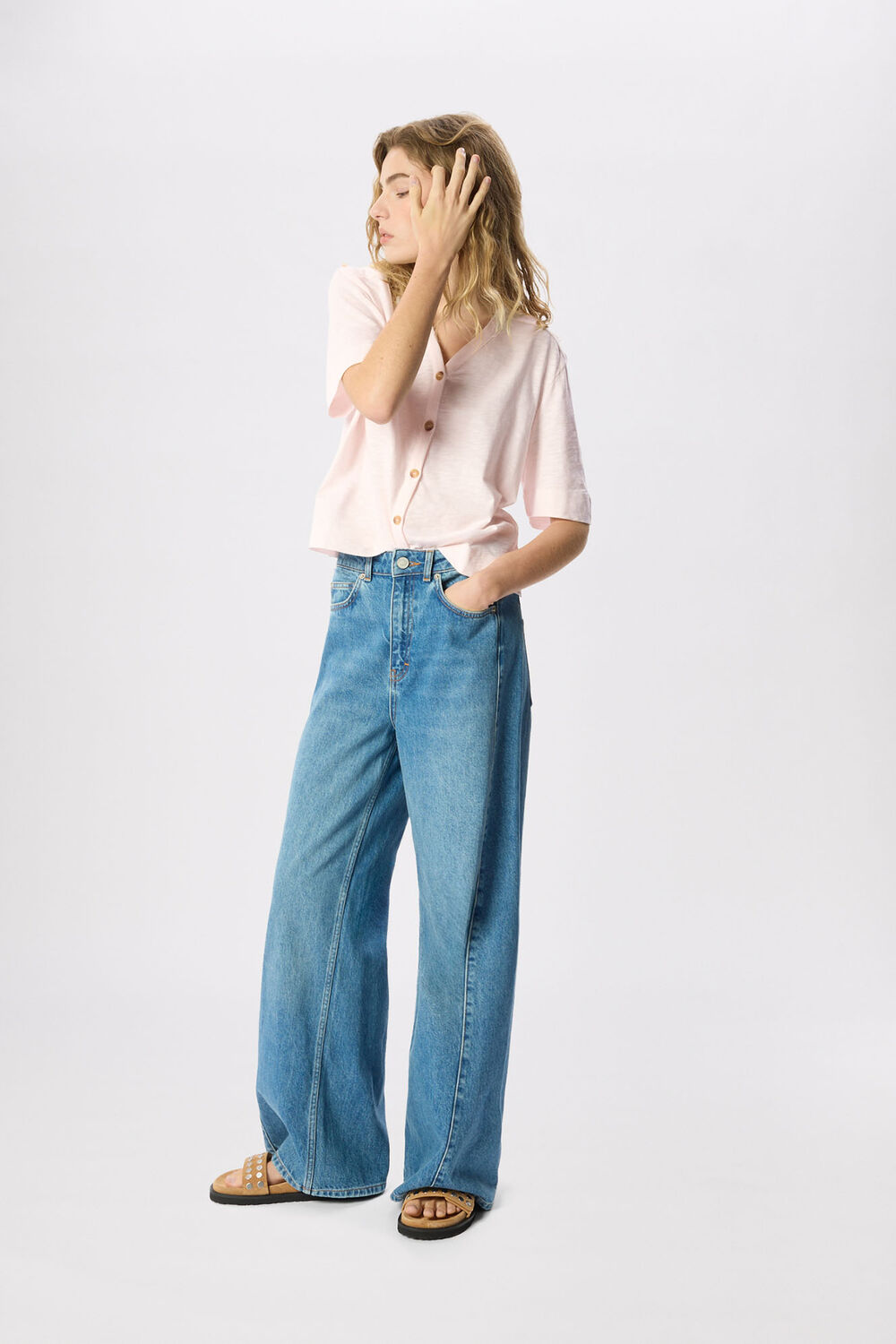 Pale Pink Ella V Neck Button Through Tee
