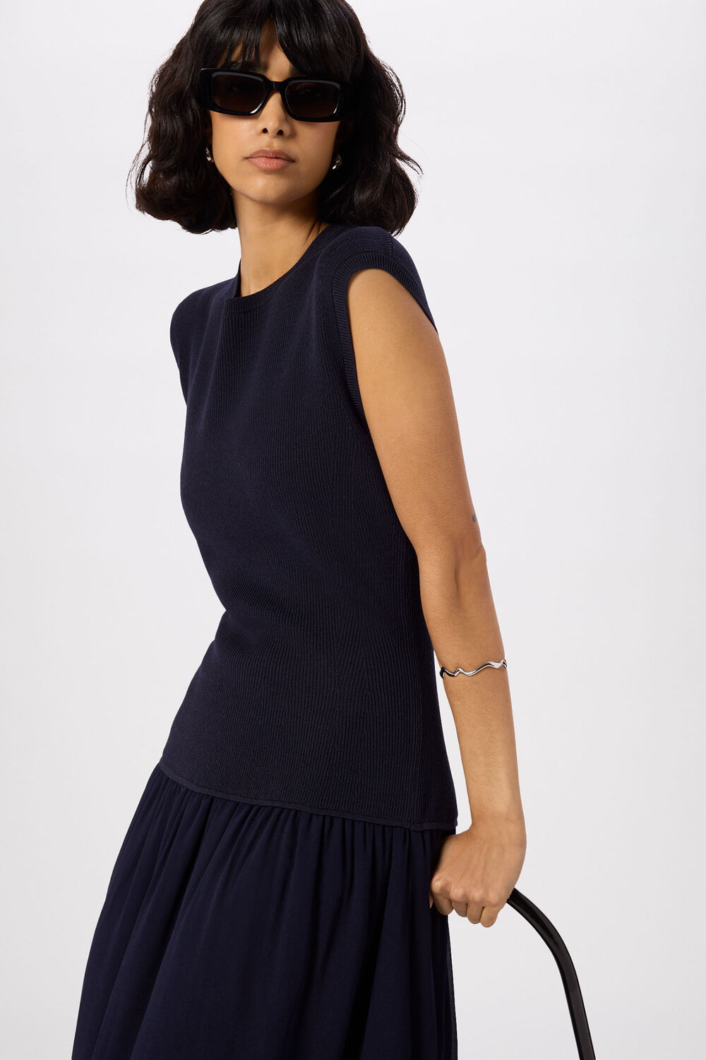 Navy Knitted 2in1 Bubble Hem Dress