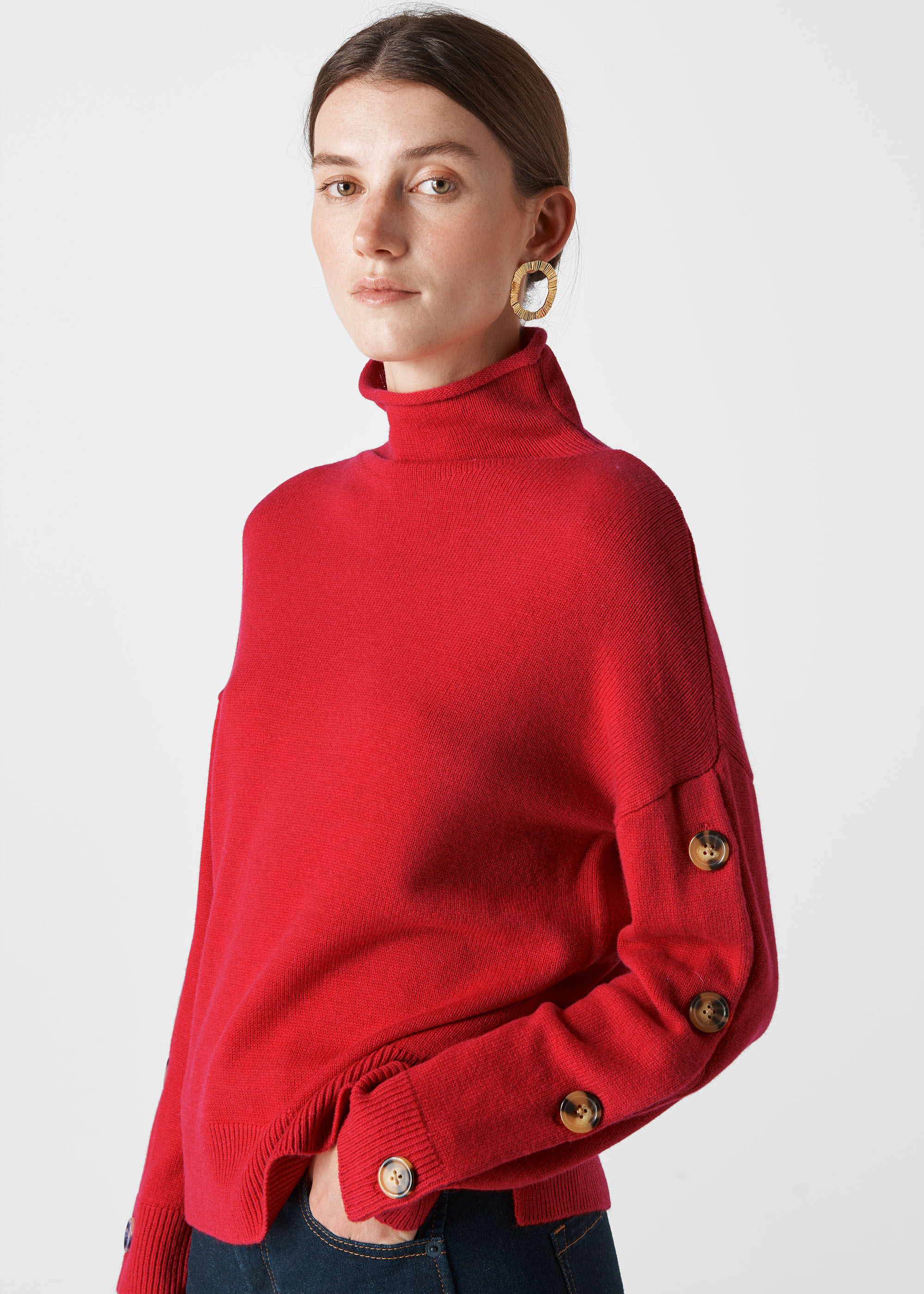 Red Button Sleeve Funnel Neck Knit