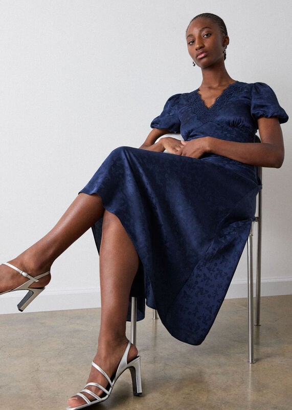 Navy Jacquard V Neck Midi Dress