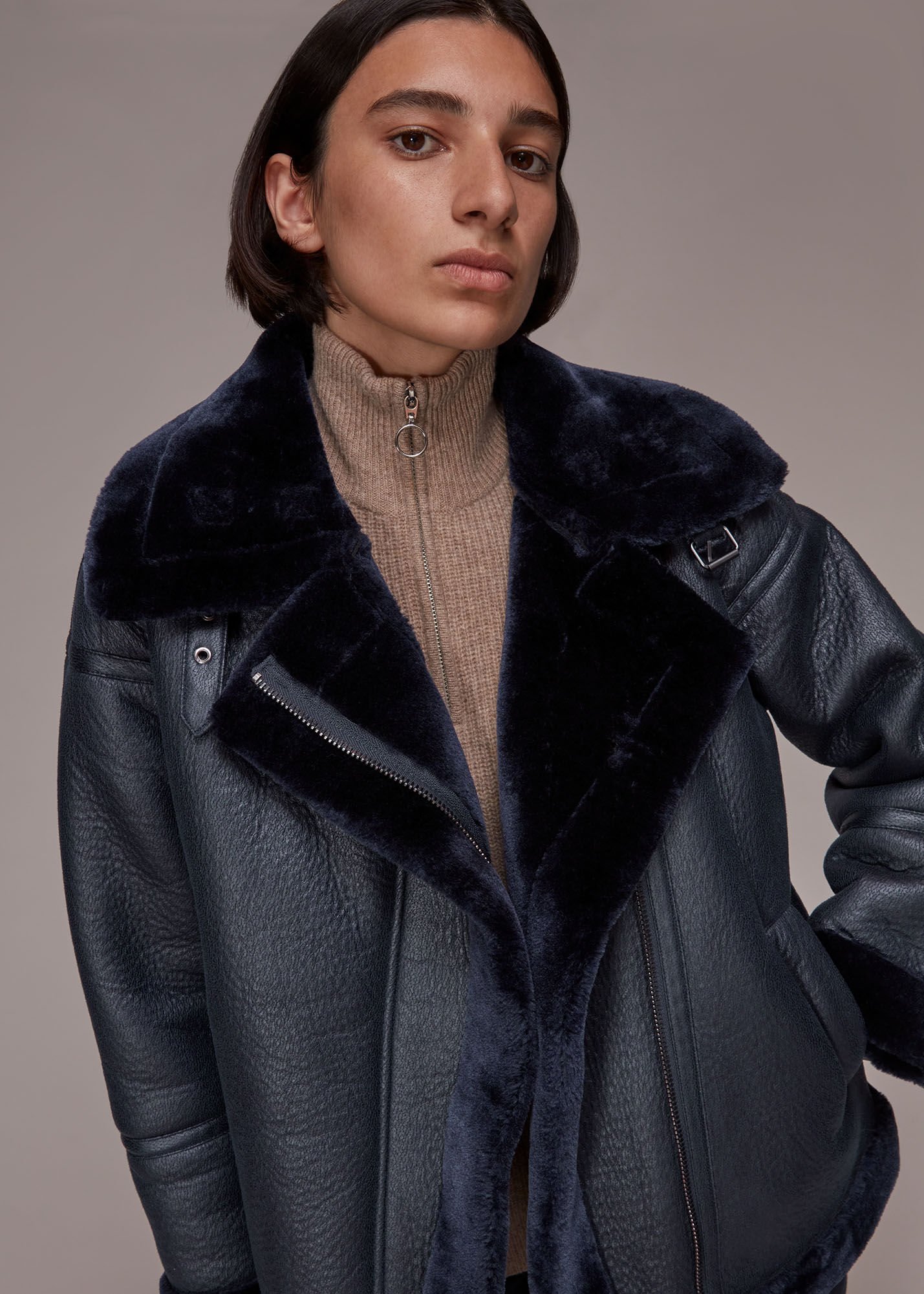 Whistles faux fur biker jacket navy on sale