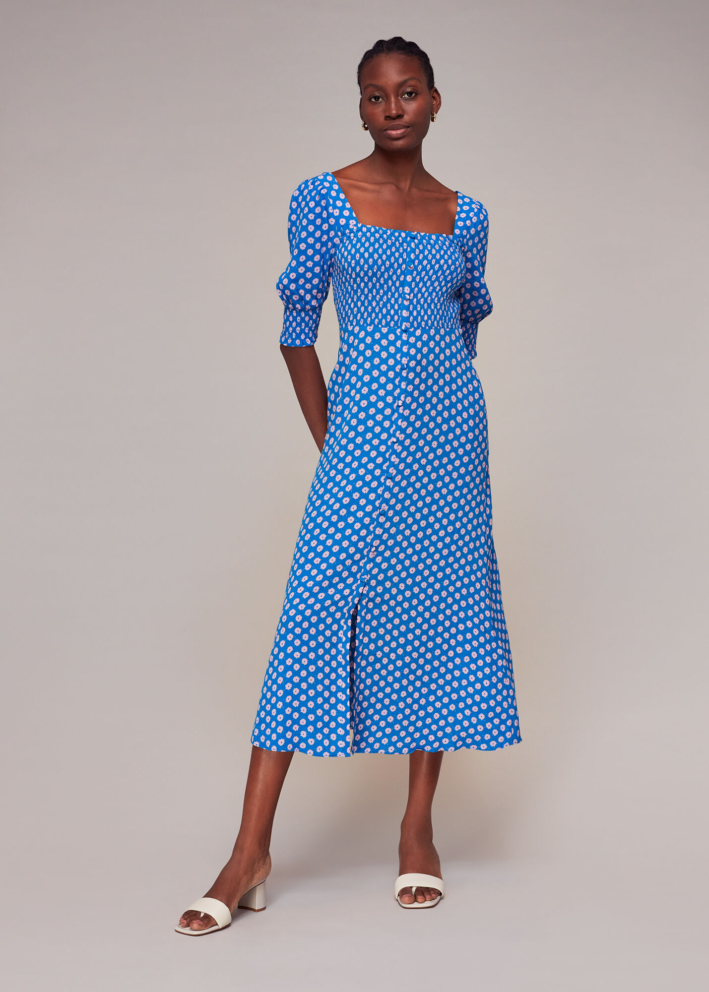 Blue/Multi Floral Sunburst Shirred Dress WHISTLES