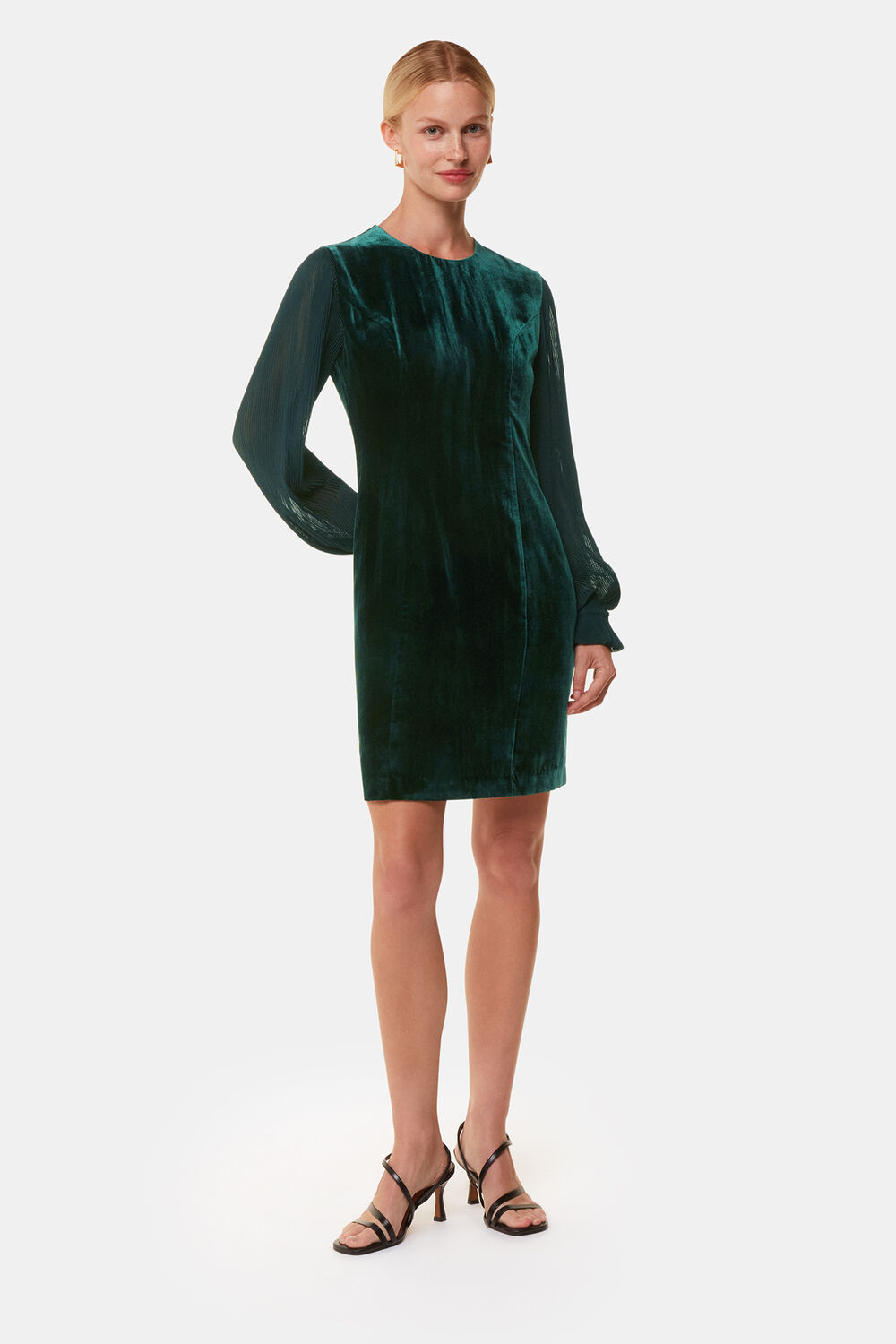 Dark Green Velvet Pleated Sleeve Dress