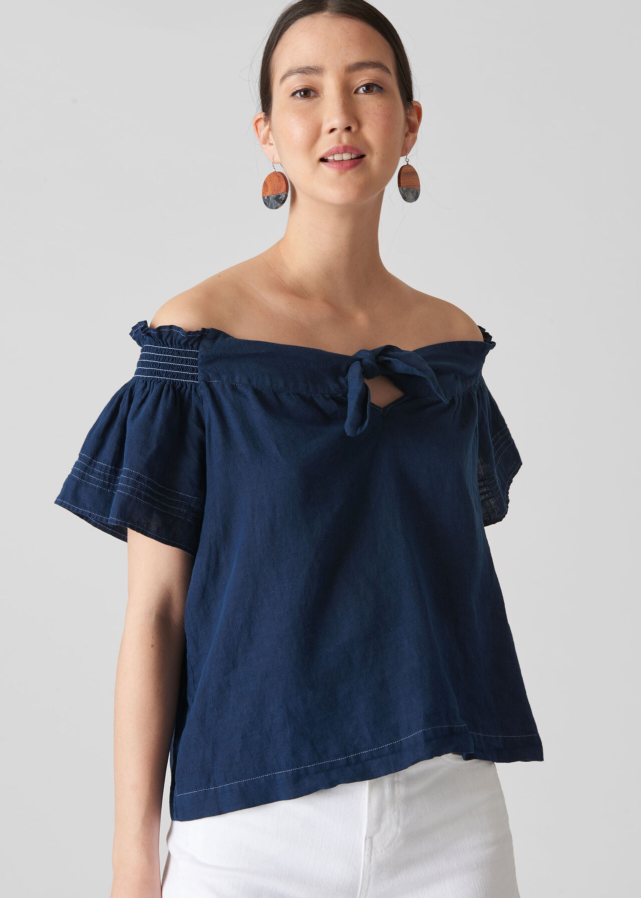 Tie Front Bardot Linen Top Navy