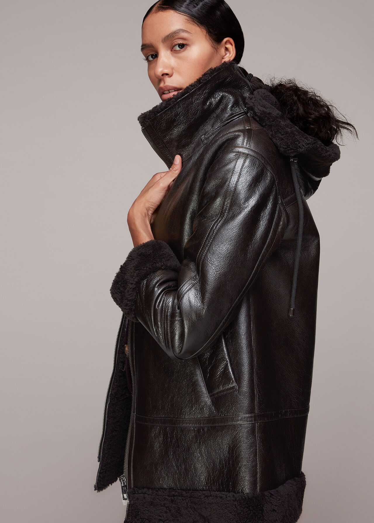 Brown Shearling Hooded Biker | WHISTLES | Whistles