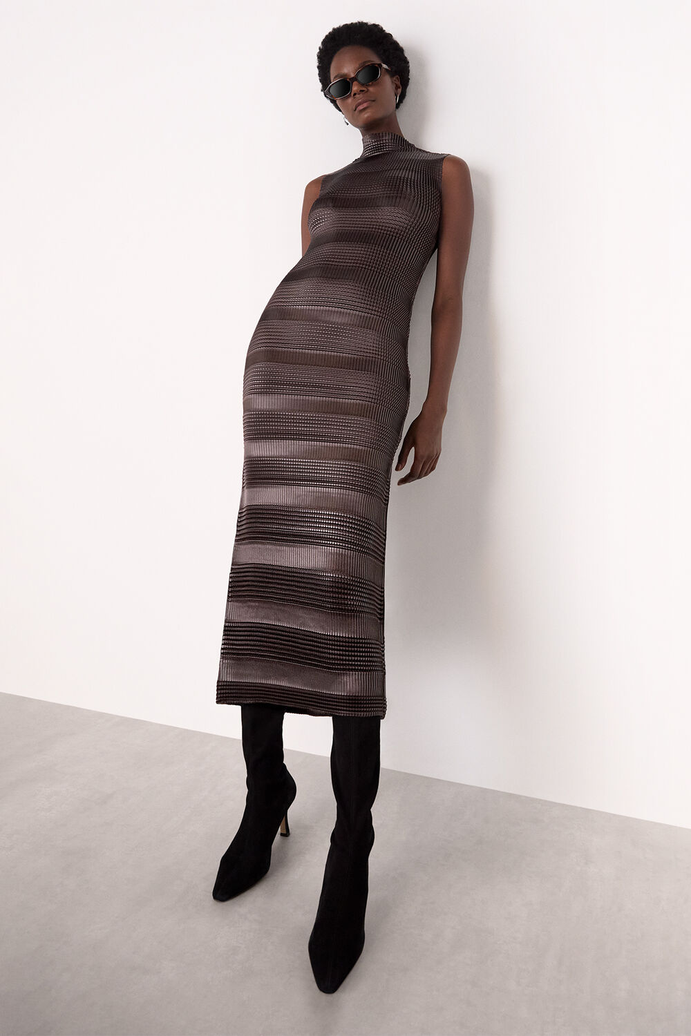 Brown Sleeveless Plisse Midi Dress