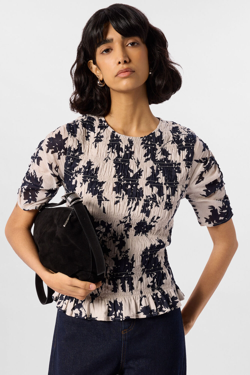 Ivory Shadow Floral Shirred Top