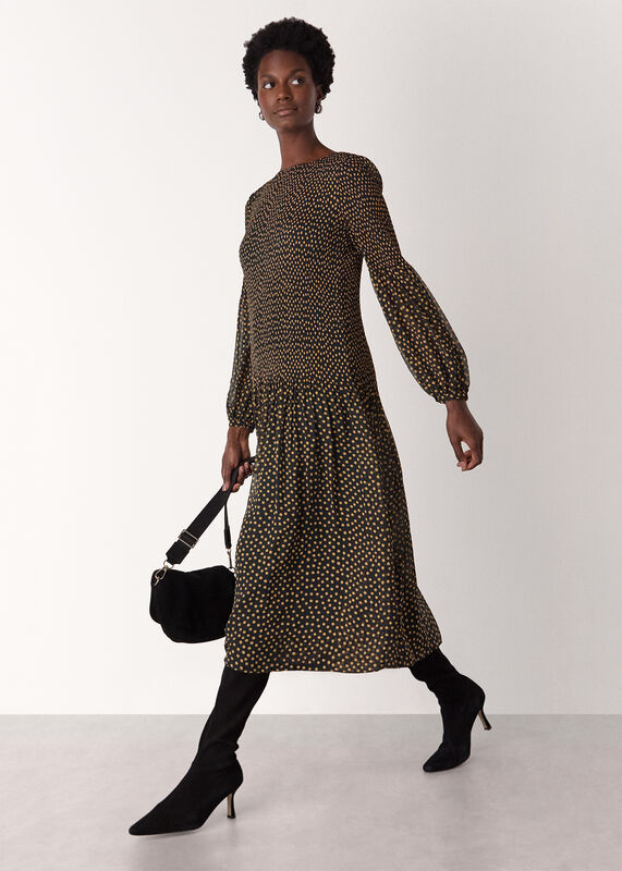 Black Spot Print Plisse Midi Dress