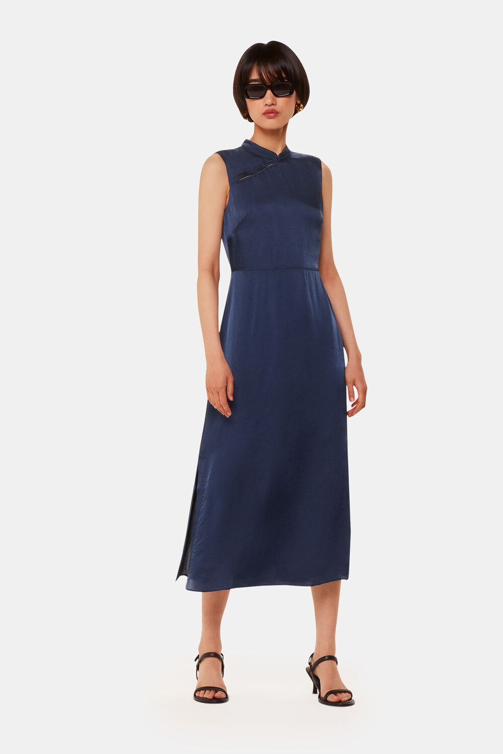 Navy Aria Satin Midi Dress