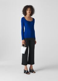 Square Neck Silk Mix Rib Knit Blue