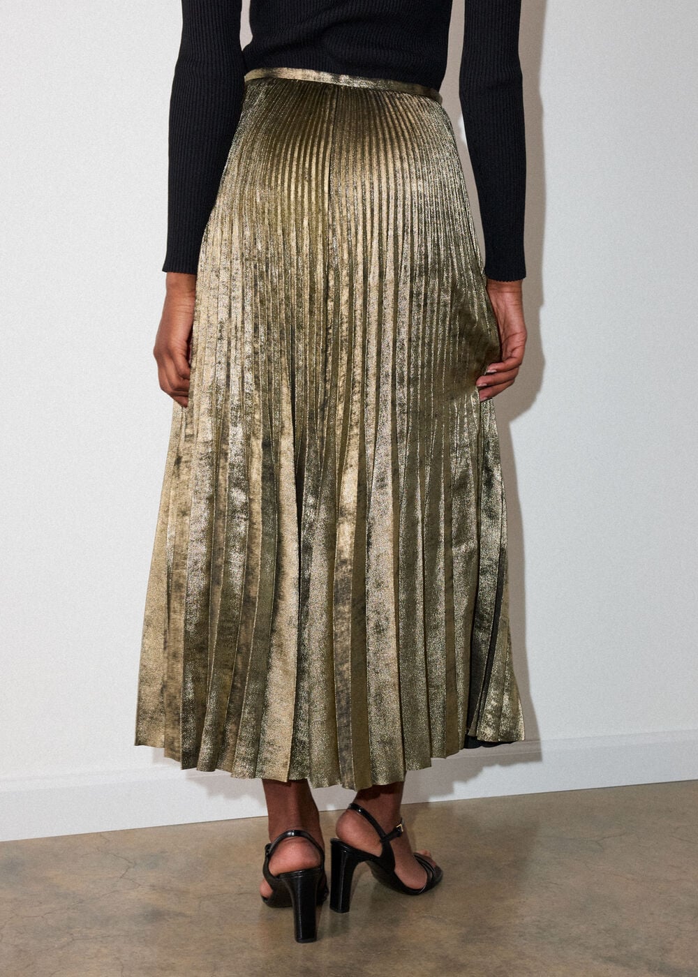 Gold Metallic Pleated Midi Skirt