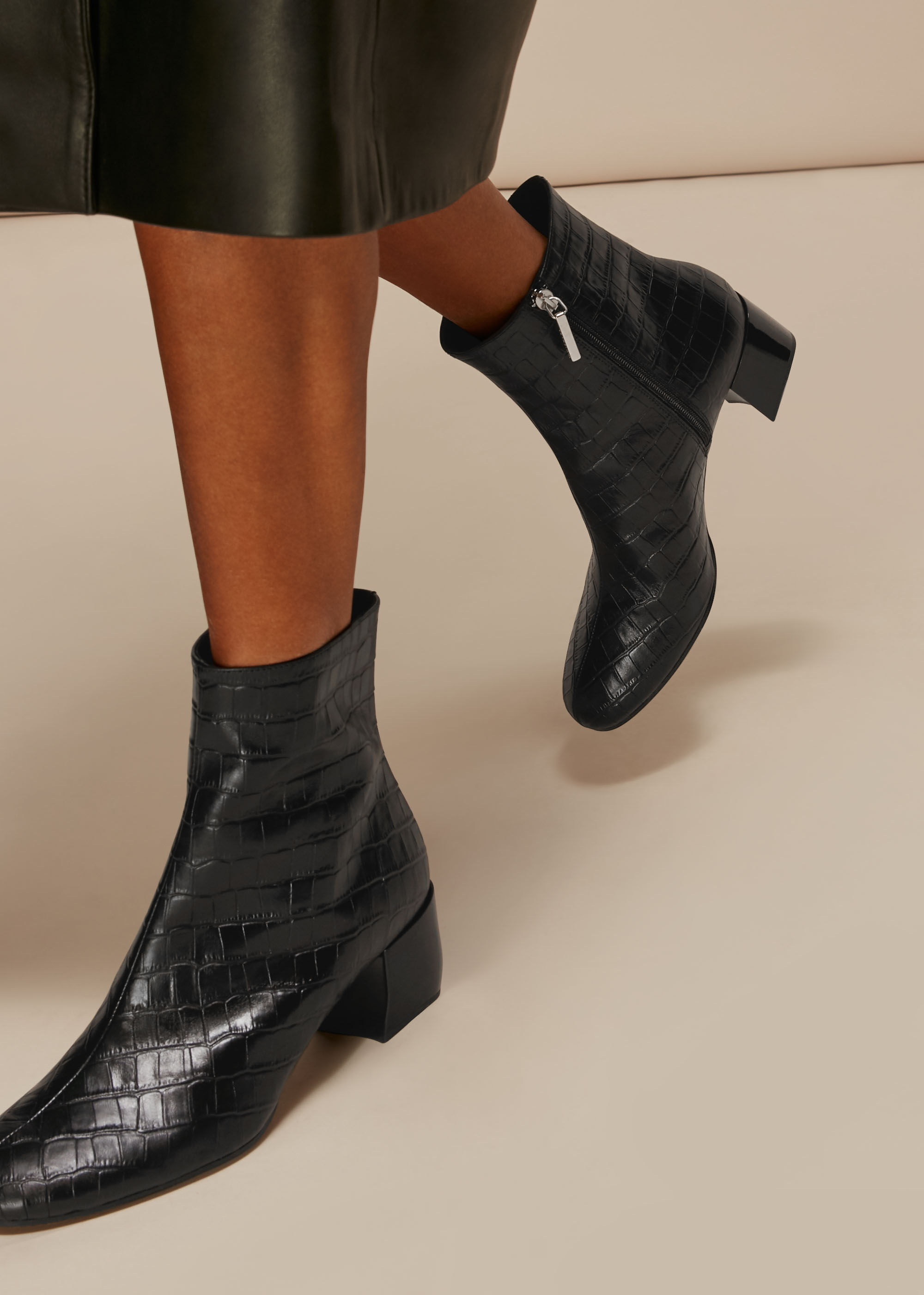 Black Elora Croc Block Heel Boot WHISTLES Whistles UK