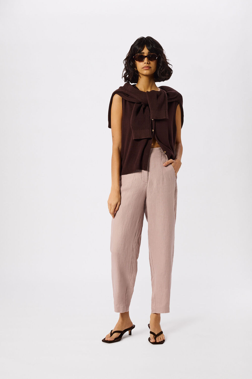 Dusty Pink Petite Linen Barrel Leg Trouser