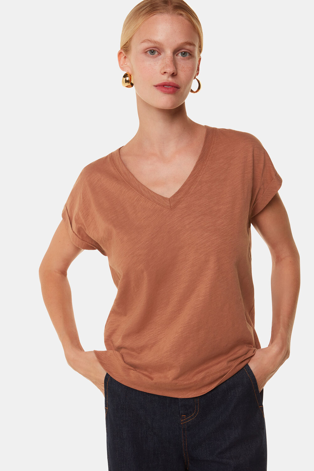 Tan Willa V-Neck Cap Sleeve Tee